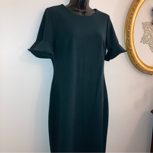 NEW Calvin Klein Fall Green Ruffle Short Sleeve Pencil Sheath Formal Dress 10 - Picture 3 of 17